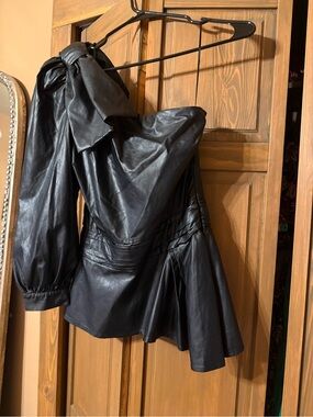 Black Faux Leather One Shoulder Peplum Top with Bow Detail